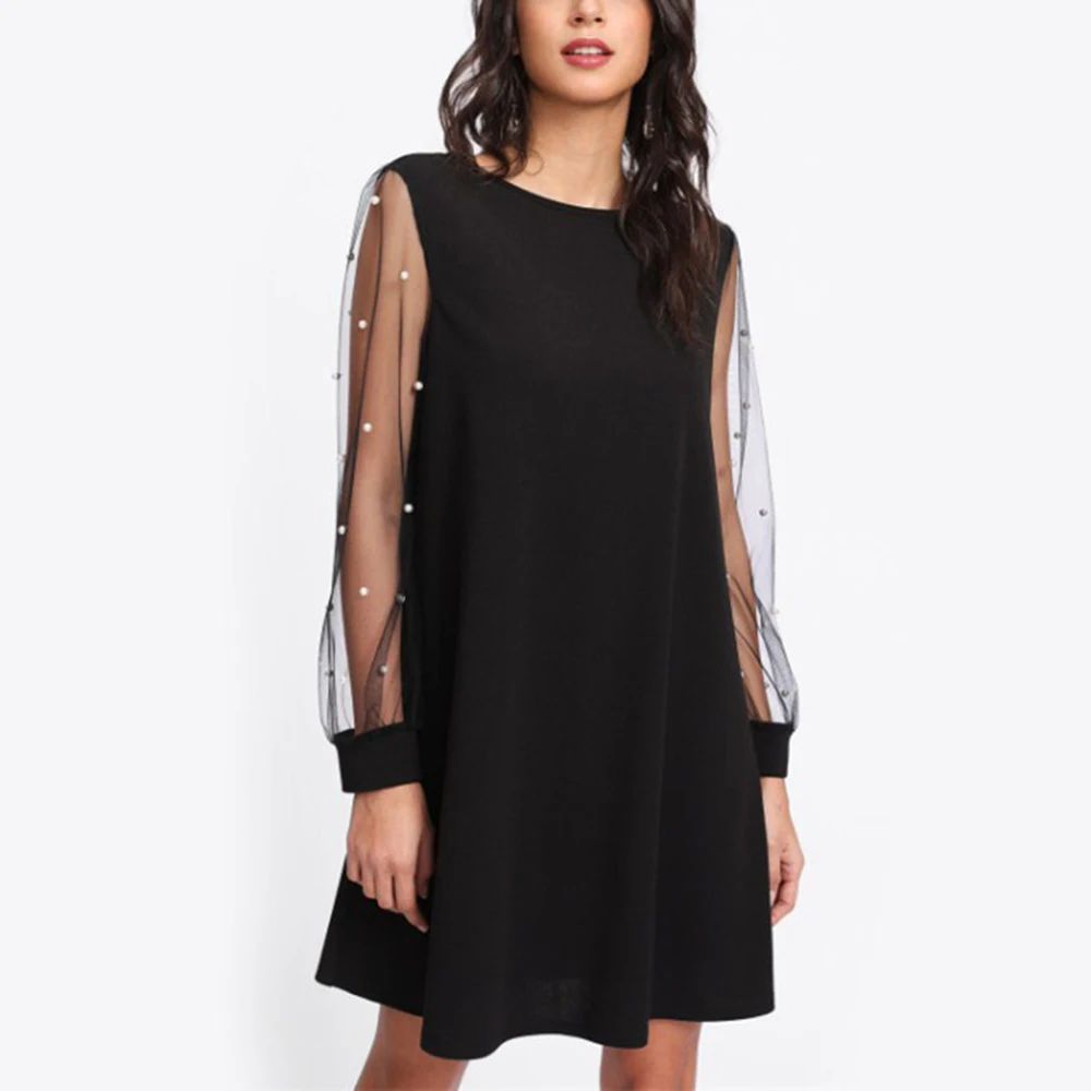 

2018 Mini Dress Women Sexy Long Puff Sleeve Mesh Beach Dress Transparent Loose Elegant Party Women Black Vestidos Female Fashion