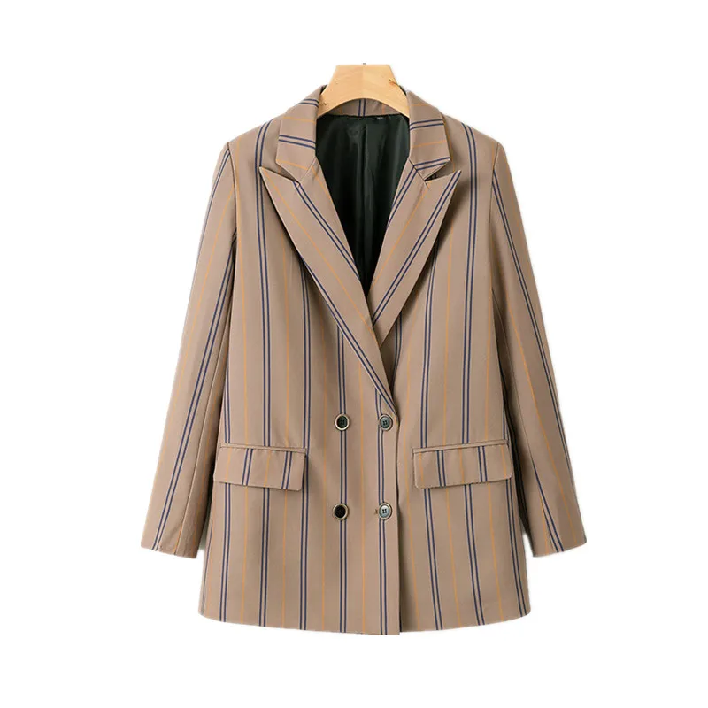 Для женщин Полосатый блейзер с длинными рукавами двубортный пиджак для офиса