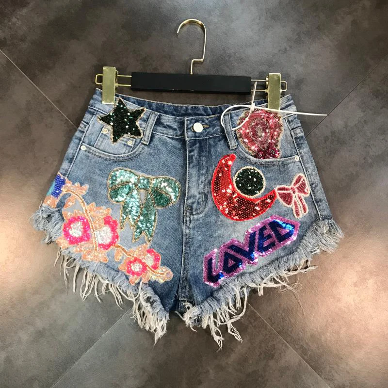 

New Arrival Womens Sexy Stars Sequins Denim Shorts Embroidery Tassel Patch Raw Female Jeans Short M/Xl Short Feminino D313
