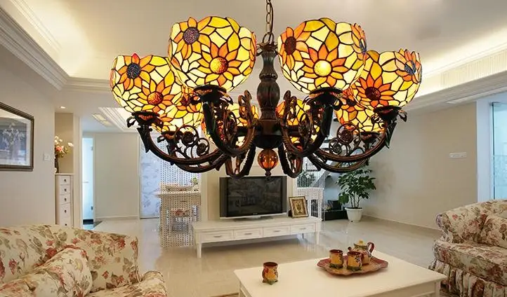 Тиффани барокко подсолнечное витражное стекло подвесной светильник E27 110 240 в