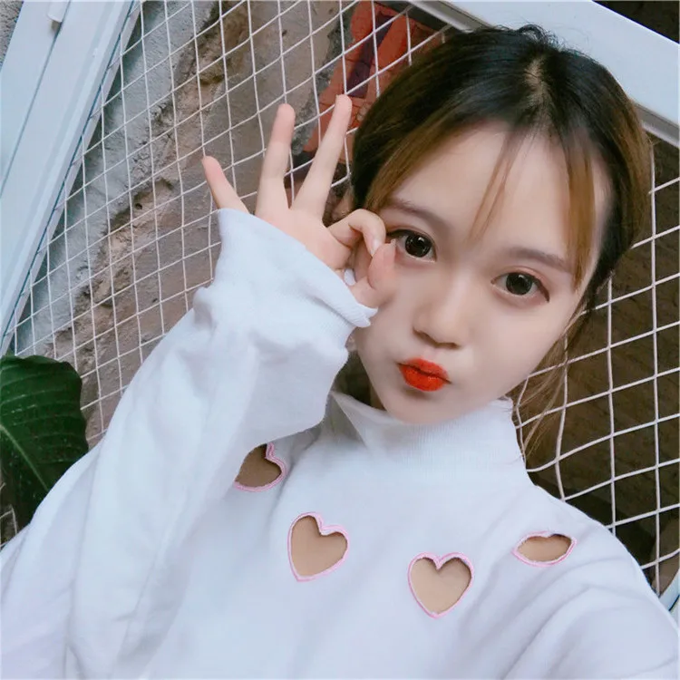 Magiray Harajuku с длинным рукавом осень зима Толстовка для женщин толстовки Kawaii сердце отверстие корейский одеть Белый Топ пуловер C180