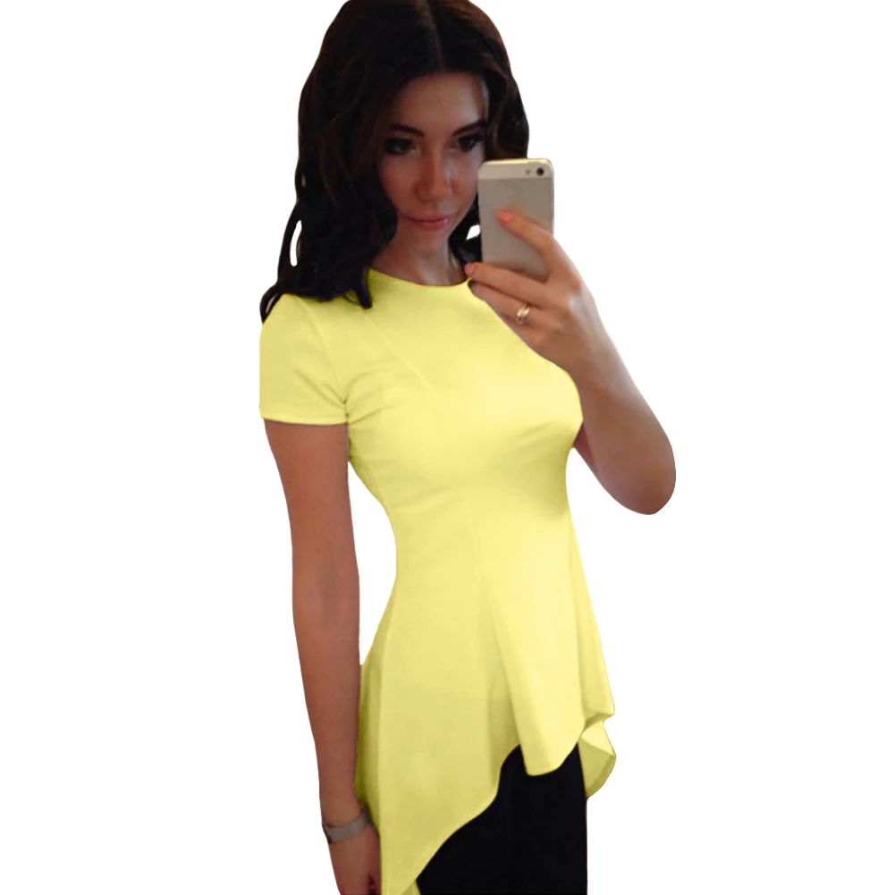 2019 Сексуальная женская футболка с асимметричным подолом баской круглым вырезом