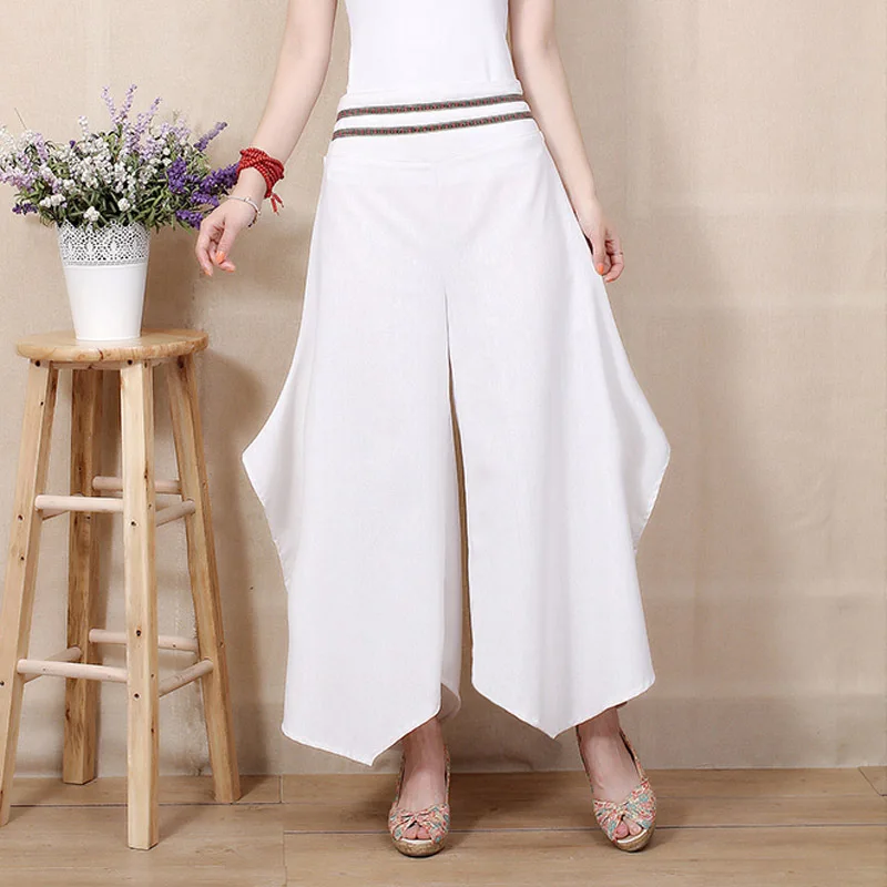 2017 summer new women printing Nine sub trousers cotton linen pants casual baggy swinging leg wide female |