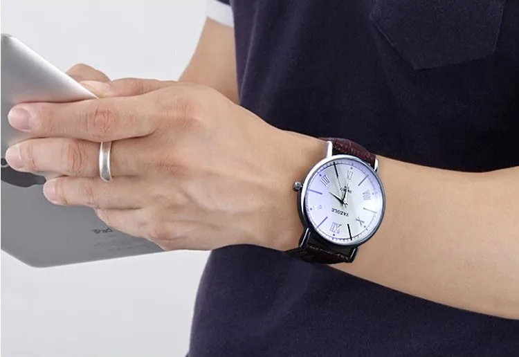 Часы наручные YAZOLE Мужские кварцевые брендовые Роскошные деловые с кожаным