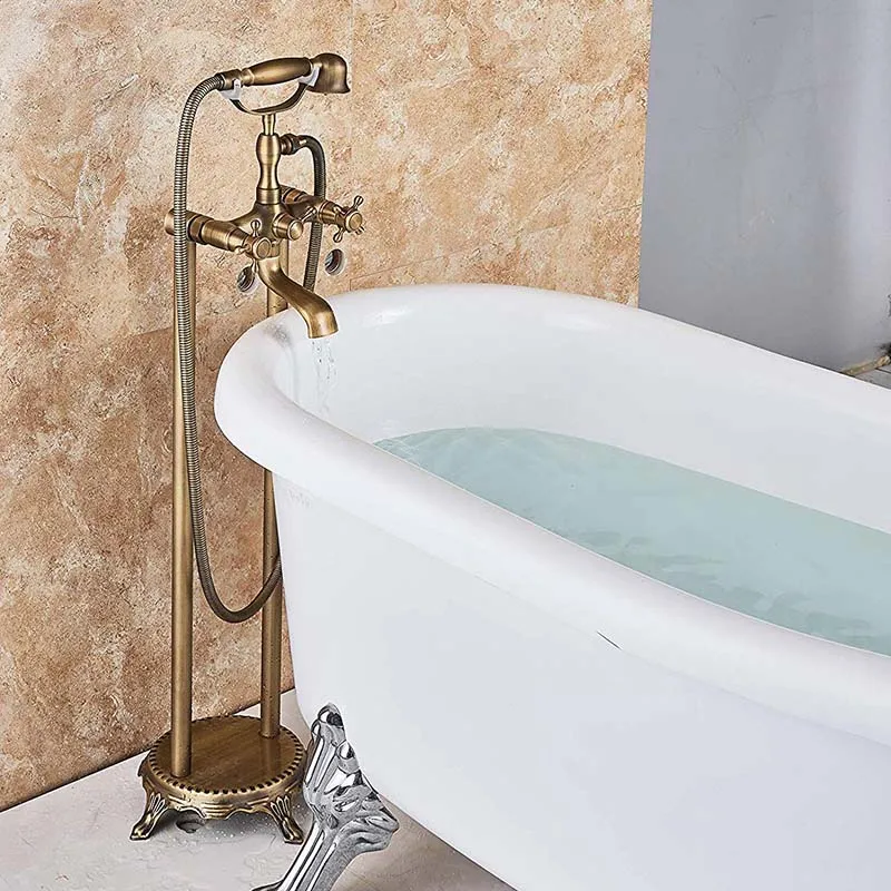 

Antique Brass Floor Mounted Bathtub Shower Faucet Dual Handle standing Bathroom Faucet Brass Swivel Spout 150cm Shower Hose