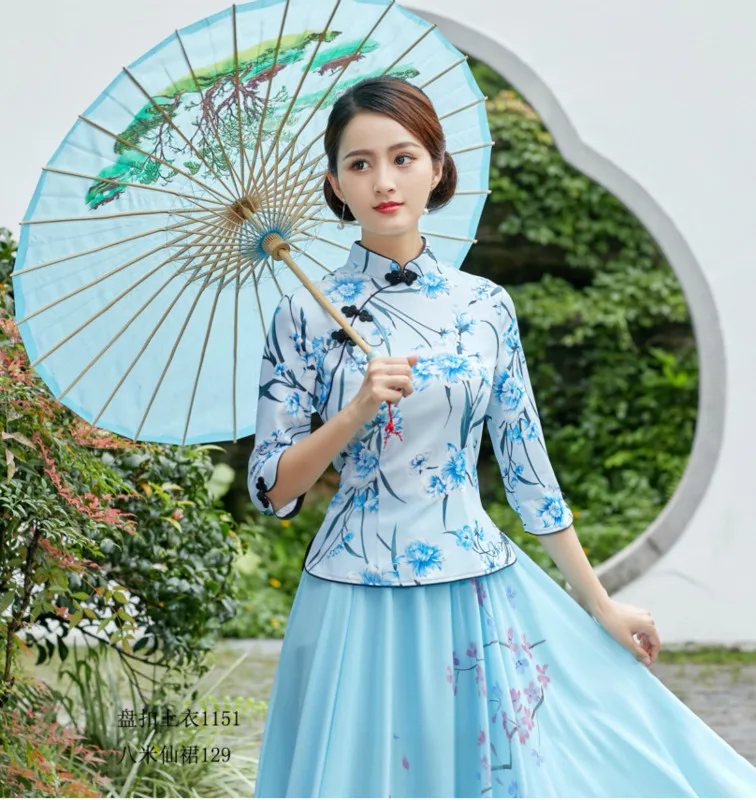 Sheng Coco элегантный Qipao Топ традиционное китайское Ципао Блузка 4XL Королевский синий китайским принтом женская одежда с длинным рукавом