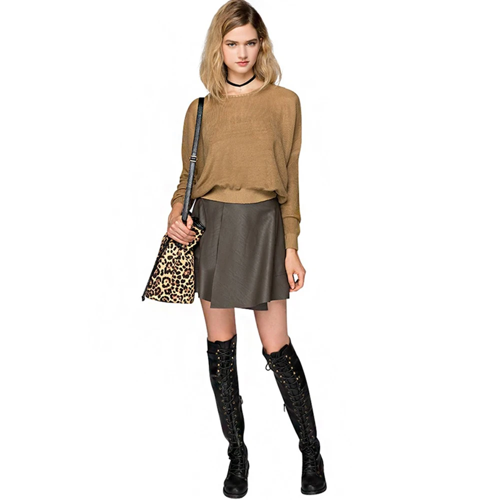 HDY Haoduoyi Brand 2020 Women Sweaters Brown Casual Batwing Sleeve Sexy Top Autumn Winter Ribbed Soft Crew Neck Pullovers Lady | Женская