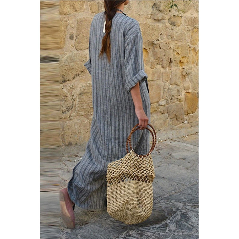 Женское модное повседневное свободное платье макси в полоску с длинным рукавом |