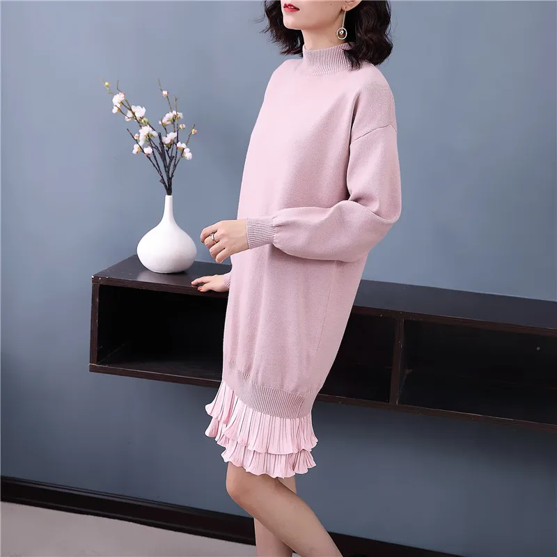 Осень 2018 г. новые женские водолазка свитер платье Вязание краткое прямые платья