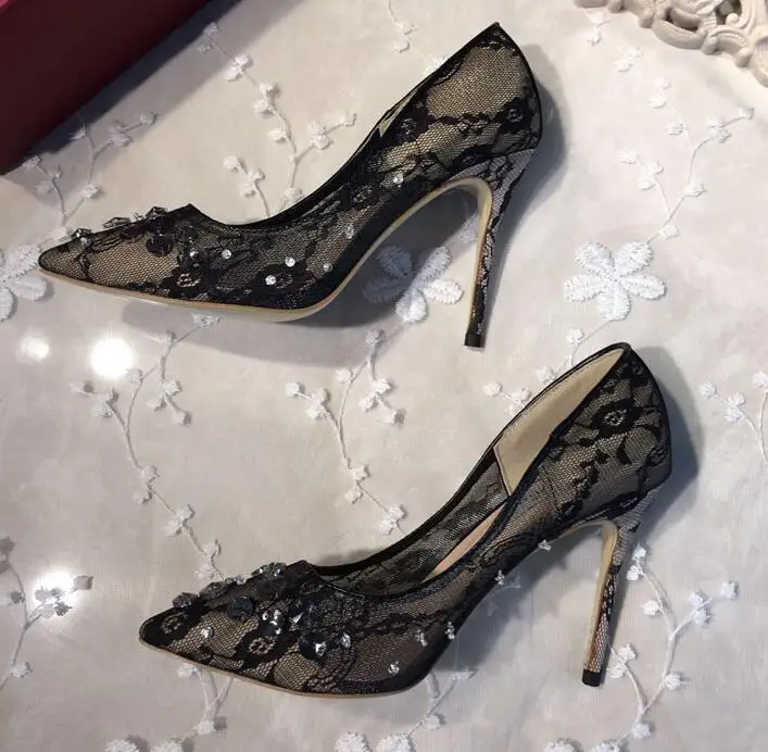 Весенние модные черные кружевные туфли на высоком каблуке соблазнительные