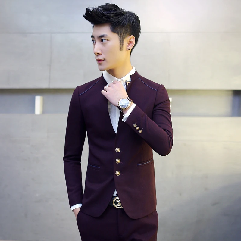 

High Quality Men Suit 2 Piece Set Wedding Party Cotton Blazer Jacket with Pants Blue Black Slim Male Clothing S M L XL XXL XXXL