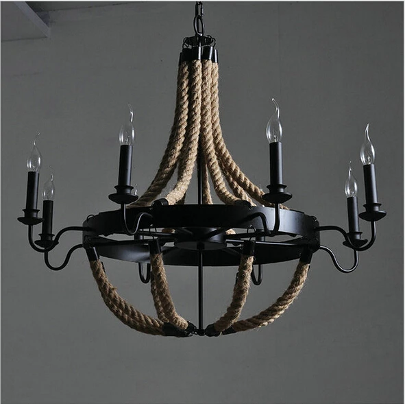 Винтажный кантри чердак пеньковая веревка железа 6/8 головок e27 подвесной