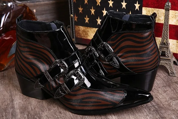 

Men's Dress Boots New Winter Shoes leather Men Pointed Toe Buckle zebra strip Men Height Inceased Men's High heels