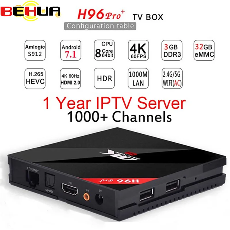 IPTV подписка Европа H96pro+ Смарт Android ТВ коробка Android 7,1 Amlogic S912 Восьмиядерный UHD 4K 3 GB/32 GB Мини ПК 2,4G& 5G WiFi