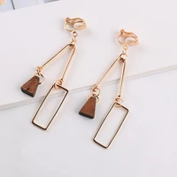 natural wood asymmetric clip earrings for female geometry hollow alloy without piercing ethnic fashion statement girls jewelry