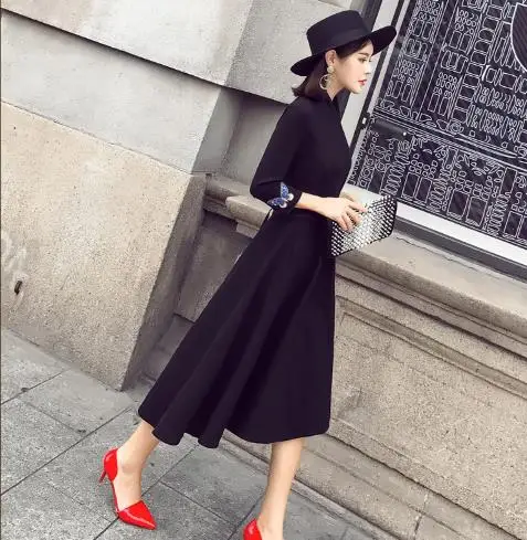 Женское винтажное платье трапециевидной формы с длинным v образным вырезом и