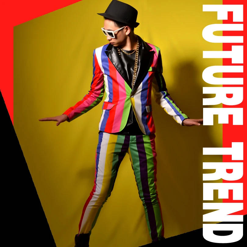M-6XL!!Nightclub Bar Male Singer DSDJ Colorful Stripe Vision Suit Big Performance Costume Stage Accessories. | Мужская одежда