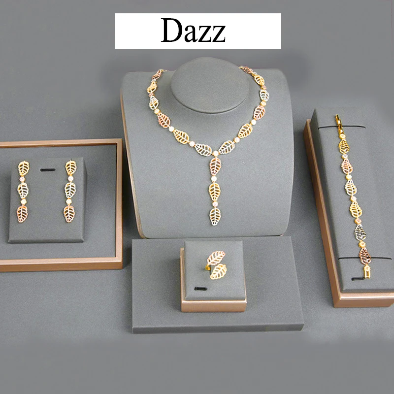 Dazz 4 шт., роскошный ювелирный набор, листья, цветы, Африка, циркон, Нигерия, для женщин, свадьба, Дубай, свадебное ожерелье, серьги, кольцо, браслеты