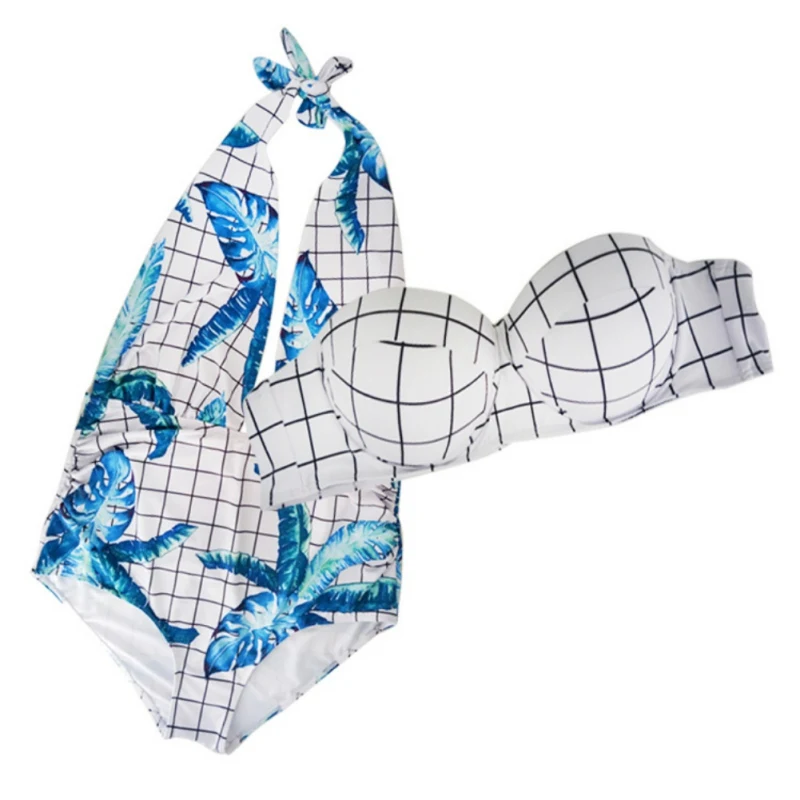 Женский облегающий купальник синий и белый обтягивающий с высокой талией