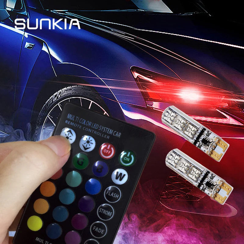 

2Pcs/Set SUNKIA T10 W5W LED Car Lights LED Bulbs RGB With Remote Control 194 168 501 Strobe Lamp Reading Lights 12V