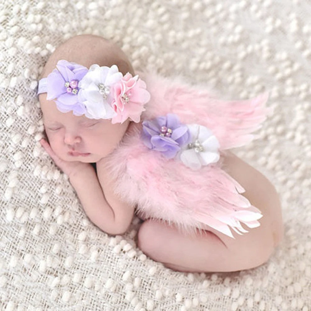 Fashion Cute Angel Wings Feather Flower Lace Headband Newborn Rhinestone Photography Prop Headwear | Детская одежда и обувь