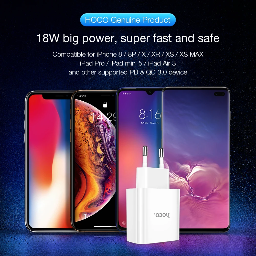 HOCO 18 Вт PD зарядное устройство для iPhone 8 8Plus X XR XS MAX мобильного телефона QC3.0 PD USB зарядное устройство адаптер для iPad Pro Mini 5 iPad Air 3
