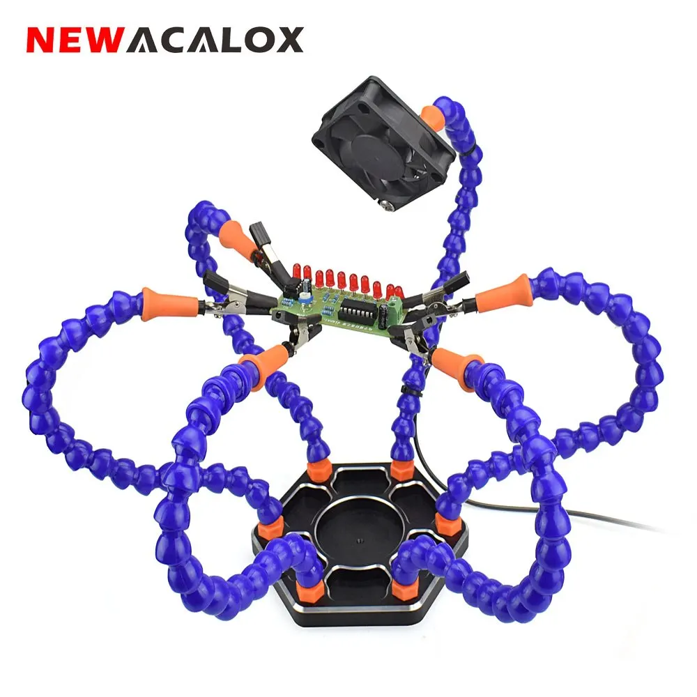 NEWACALOX Third Hand Helping Hands Soldering Station with USB Brushless DC Fan 6pc Flexible Arms Soldering Iron Holder Pana Tool