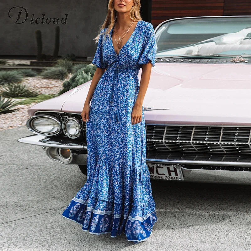DICLOUD Сексуальная V шеи синий Boho Макси платья Для женщин летний корсет со шнуровкой