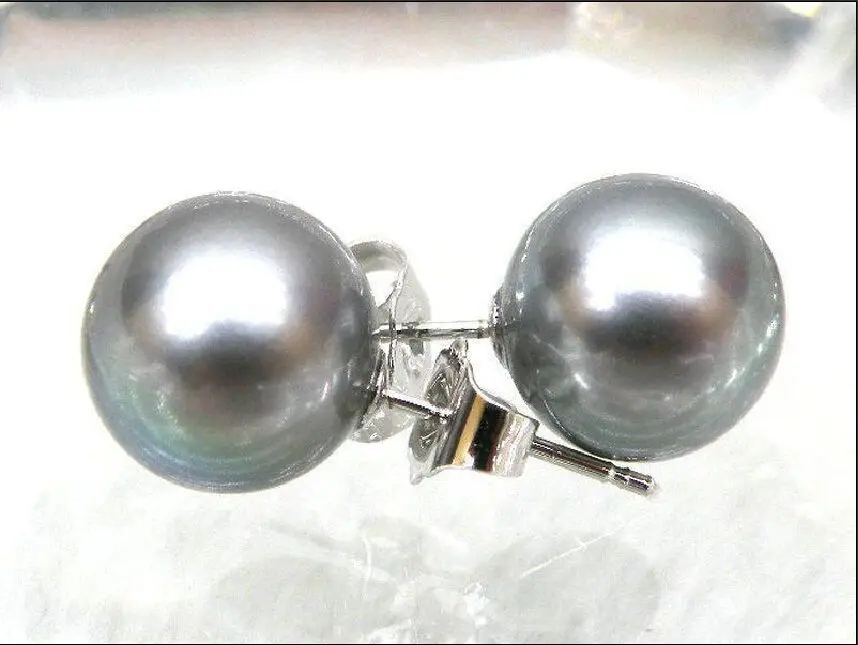 

Free shipping 8-9mm AAA+++ Perfect Round Gray South Sea Pearl Earring 14K/20 White Gold