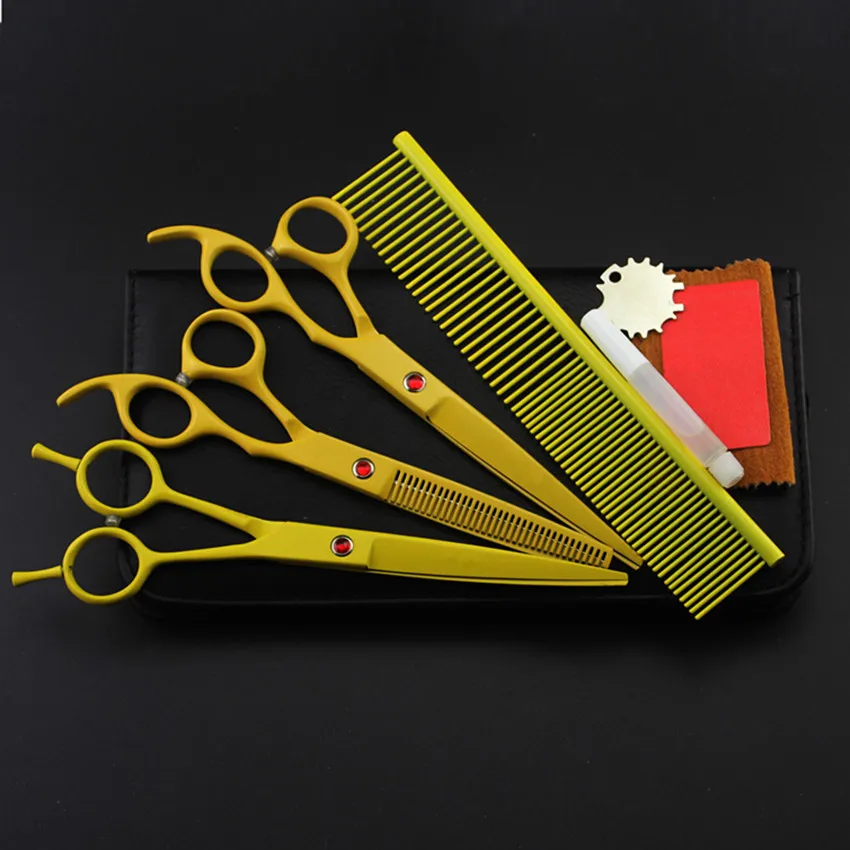 

4 kit japan yellow pet 7 inch shears cutting hair scissors dog grooming clipper pets thinning barber comb hairdressing scissors