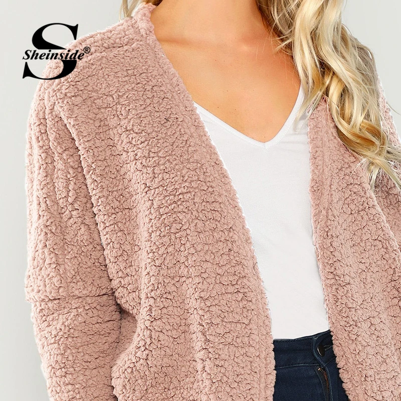 Sheinside розовый накладной карман Открытый передний искусственный мех плюшевое пальто осень зима топы для женщин верхняя одежда женские пальто и куртки