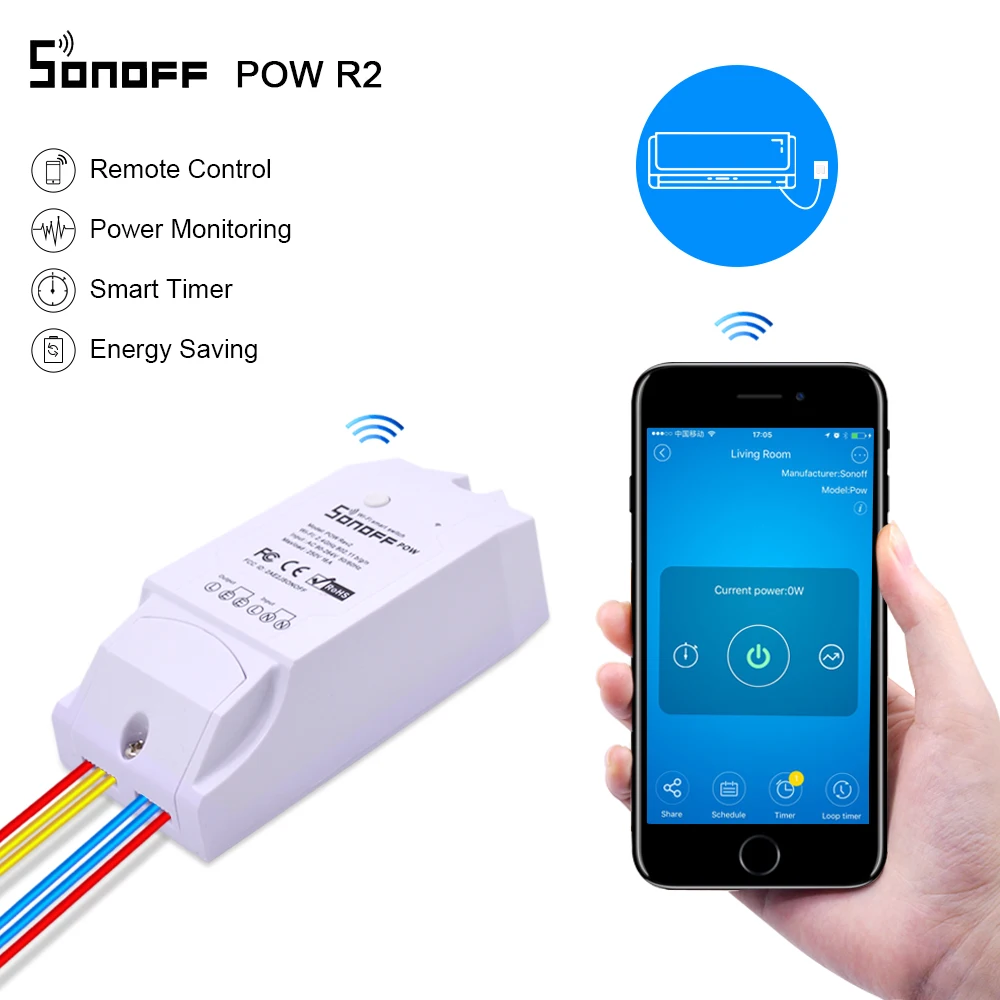 Беспроводной Wi Fi переключатель Sonoff Pow R2 вкл/выкл 15 А с измерением