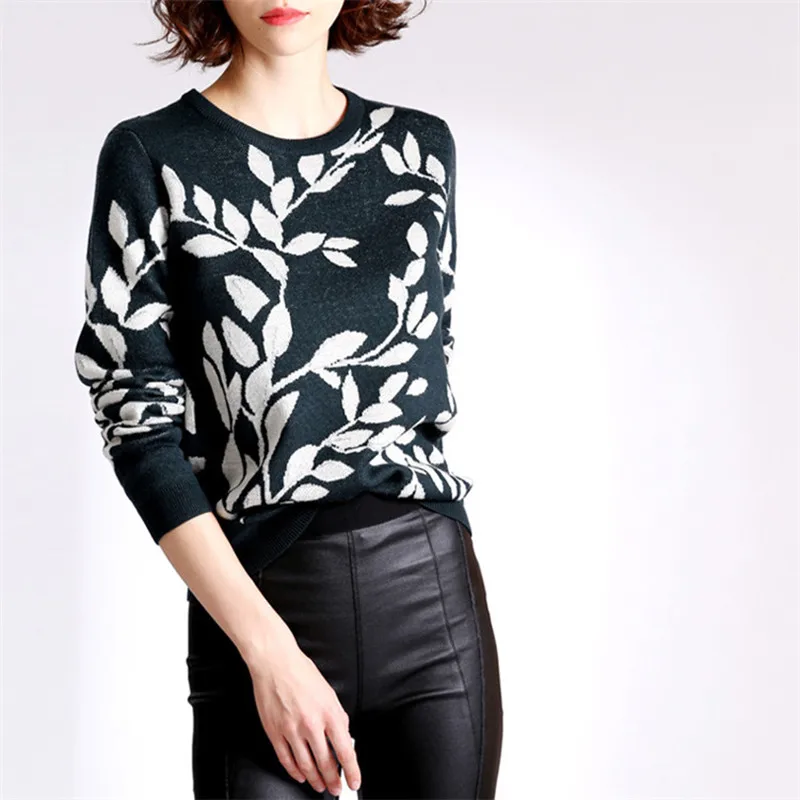 new arrival wool knit women fashion print pullover sweater Oneck dark green 2colors M/86-L/90