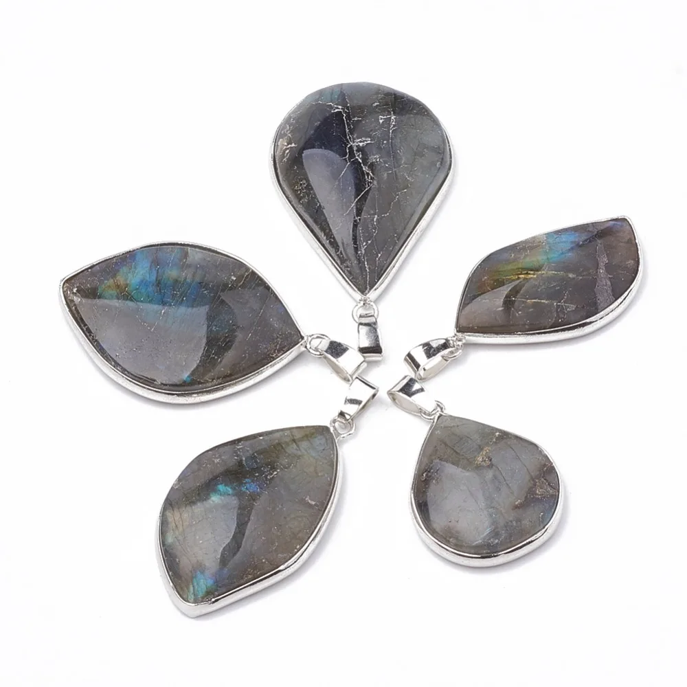 

PandaHall 5pc 31~45x19~28x8~9mm Natural Labradorite Semi-precious Stone DIY Jewelry Necklace Dangle Shape Pendants Iron Clasps