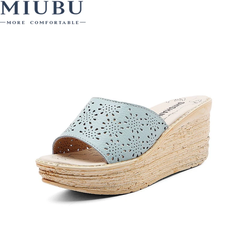 

MIUBU Women Mules Clog Shoes Leather Slip On Peep Toe Ladies Cork Wedge Sandals Female Platform Sandals Shoes Flats Summer