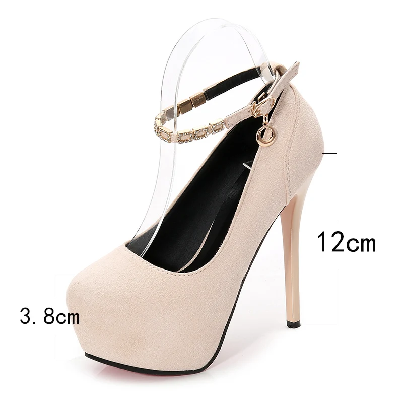 apricot 12cm Женские замшевые туфли; сезон весна-осень; модные туфли на высоком каблуке 14 см; туфли-лодочки на платформе с ремешком на щиколотке; цвет черный, бежевый; обувь для вечеринок - Цвет: apricot 12cm