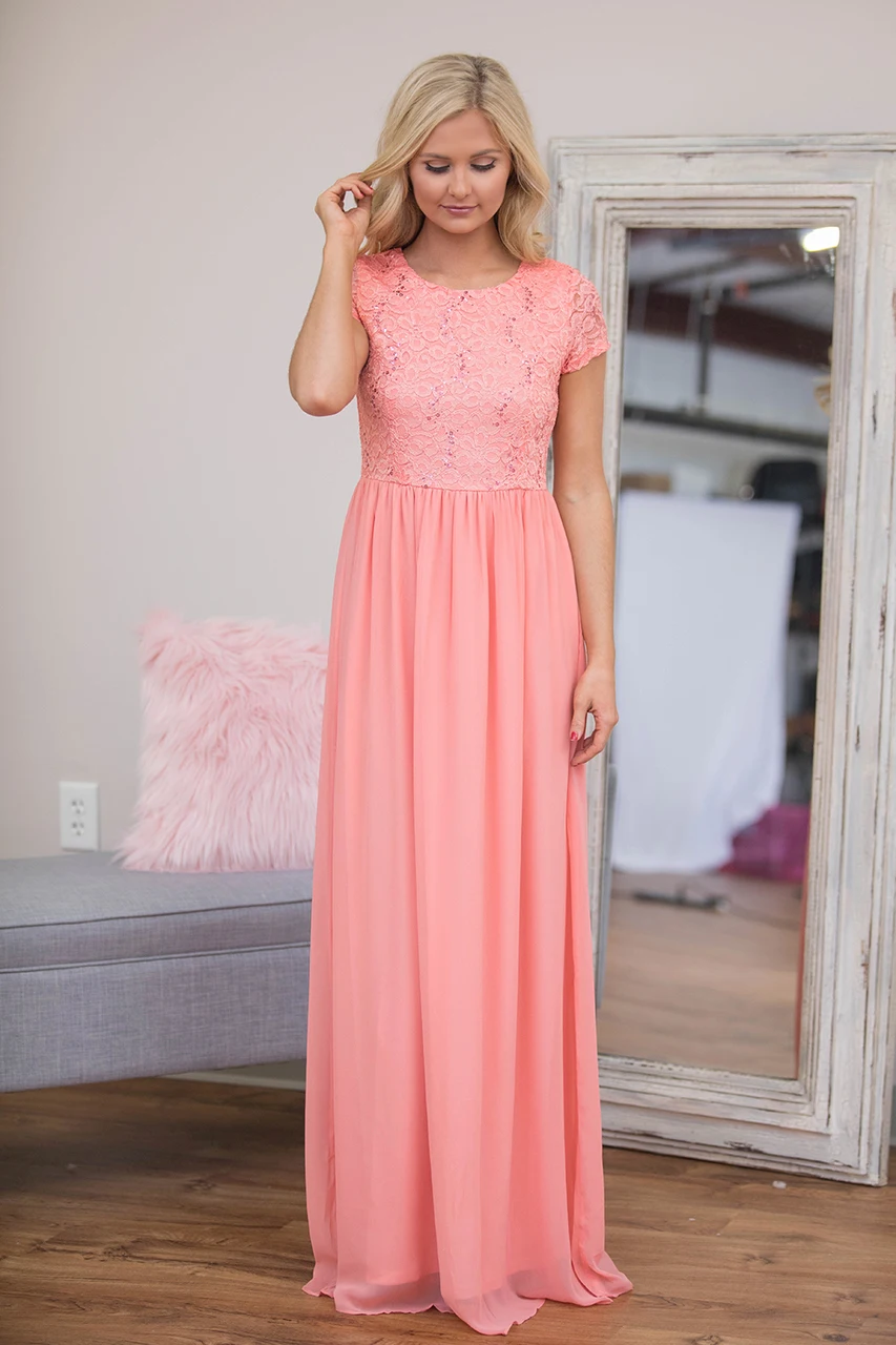 Кораллового цвета Кружевное шифоновое длинное скромные платья для подружки