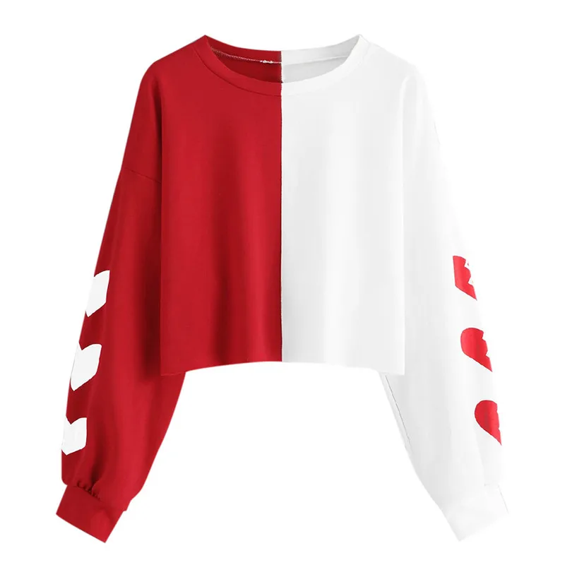 

Fashion Womens Long Sleeve Pullover Heart Print Patchwork Sweatshirt Top
