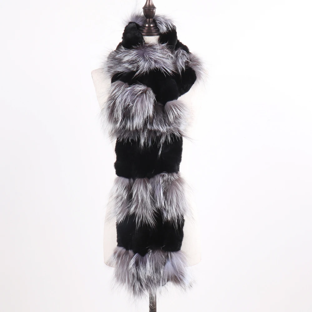 Hot Sale Women Fashion Real Silver Fox Fur Scarf Natural Warm Rex Rabbit Fur Muffler Lady Winter Genuine Fur Scarves