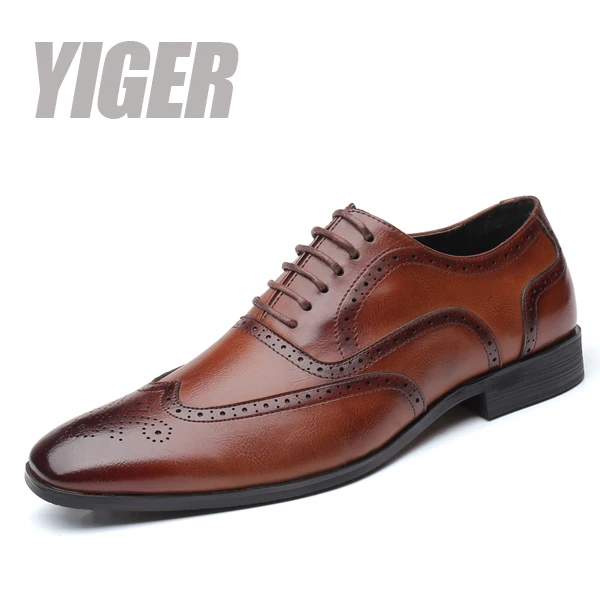 Brown Dress shoes YIGER/Мужские модельные туфли; мужские деловые туфли из воловьей кожи; большие размеры; повседневные кожаные мужские деловые туфли на шнуровке; модельные туфли; 0333 - Цвет: Brown Dress shoes