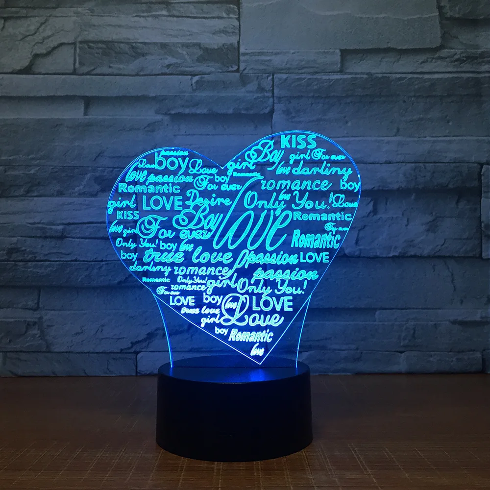 Сердца и буквы 3d светодиодные лампы 7 цветов ночник для детей сенсорный Led Usb