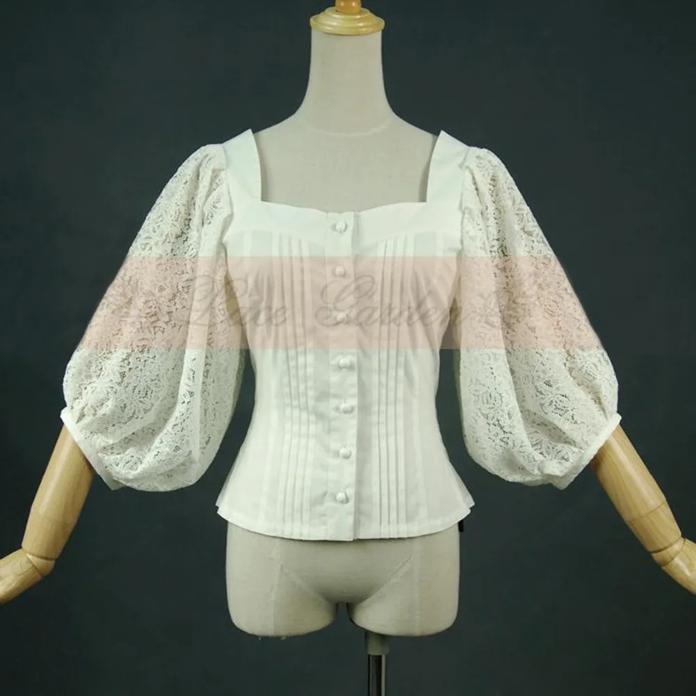 Женская хлопковая блузка с рукавами фонариками белая приталенная вышивкой в