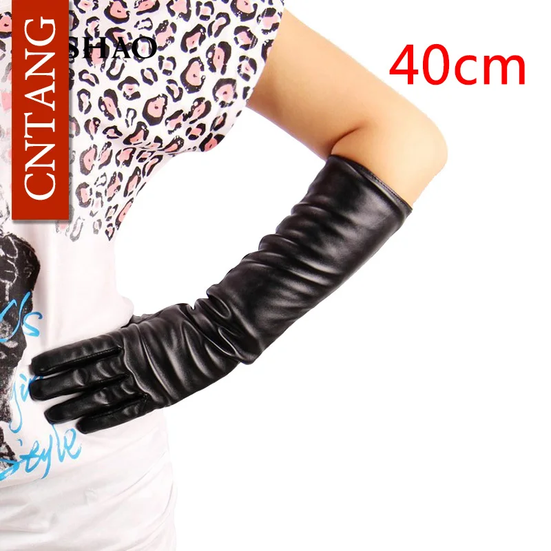 40CM Black Length Новинка, женские модные перчатки, черные длинные кожаные перчатки 40 см и 50 см, Женские варежки, зимние женские кожаные перчатки - Цвет: 40CM Black Length
