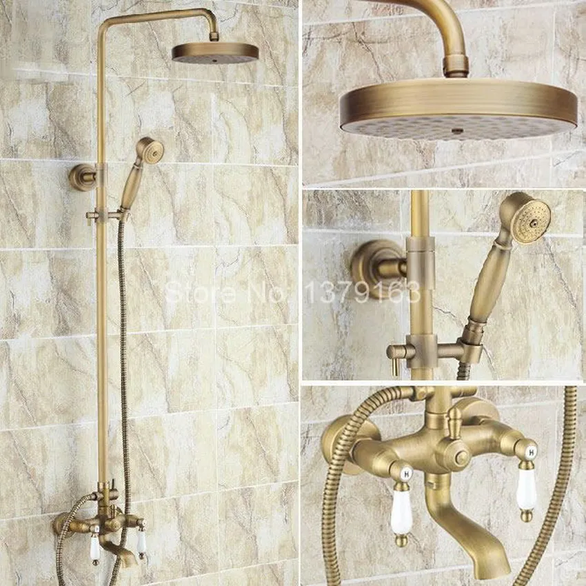 

Antique Brass Two Ceramic Handle Bathroom Rain Shower Faucet Set Tub Mixer Tap + 7.7" Round Rain Shower Head + Handshower ars148