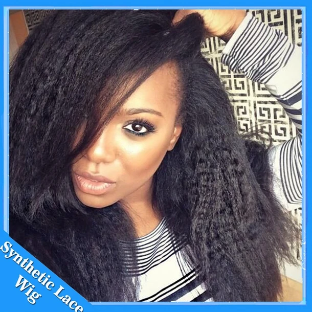 Странный Прямо Синтетический парик фронта шнурка натуральный черный glueless яки