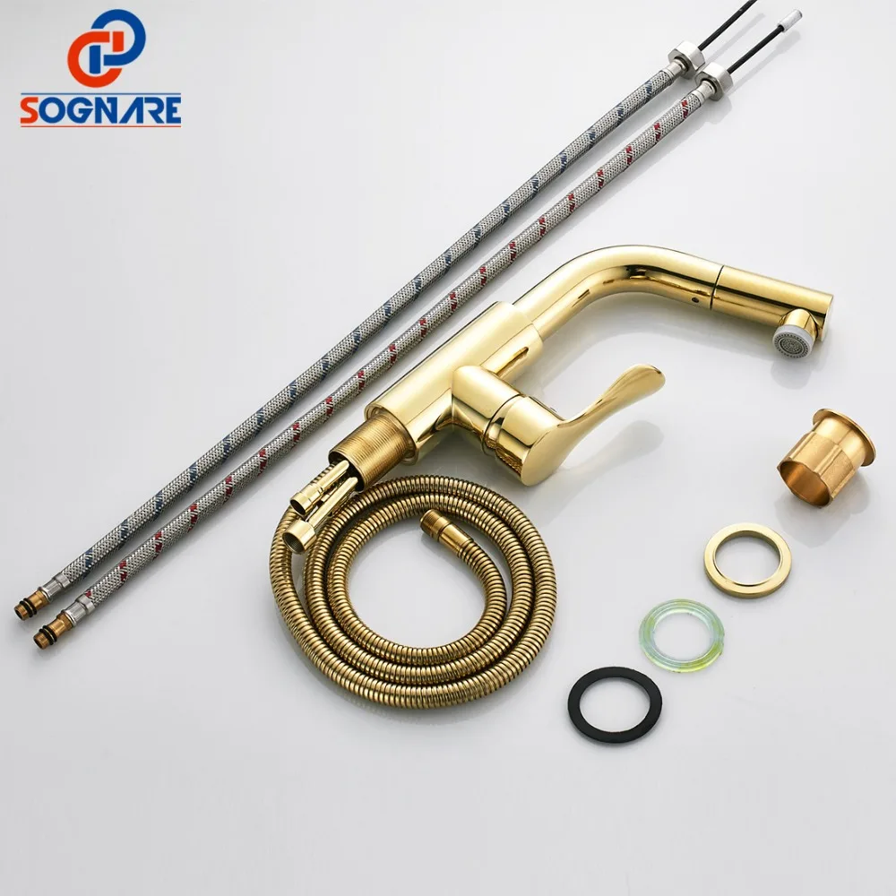 Смеситель для раковины в ванной комнате SOGNARE золотистый Поворотный латунный