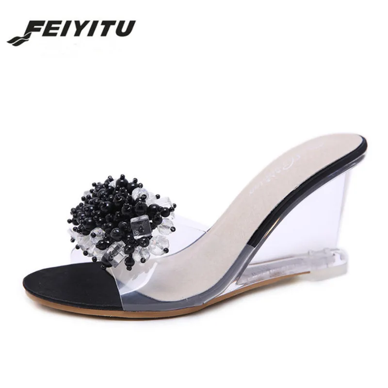 FeiYiTu/женские шлепанцы с кристаллами; Цвет черный, серебристый; босоножки на танкетке; женские пикантные прозрачные босоножки на высоком каблуке со стразами; босоножки на танкетке - Цвет: Черный