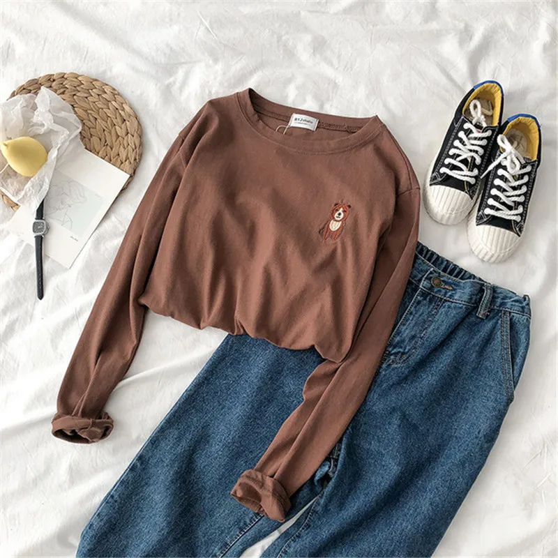 coffee Забавный мультфильм животных вышивка футболка Femme Harajuku Винтаж Хлопок Уличная Повседневная конфеты Kawaii женские футболки топы - Цвет: coffee