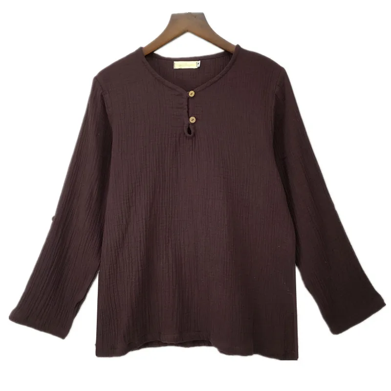 Женская футболка с длинным рукавом повседневная из хлопка и льна круглым вырезом