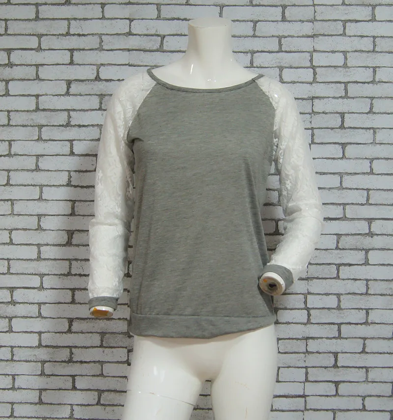 Rogi женская футболка 2019 длинный рукав кружево пэчворк джемпер серая футболки